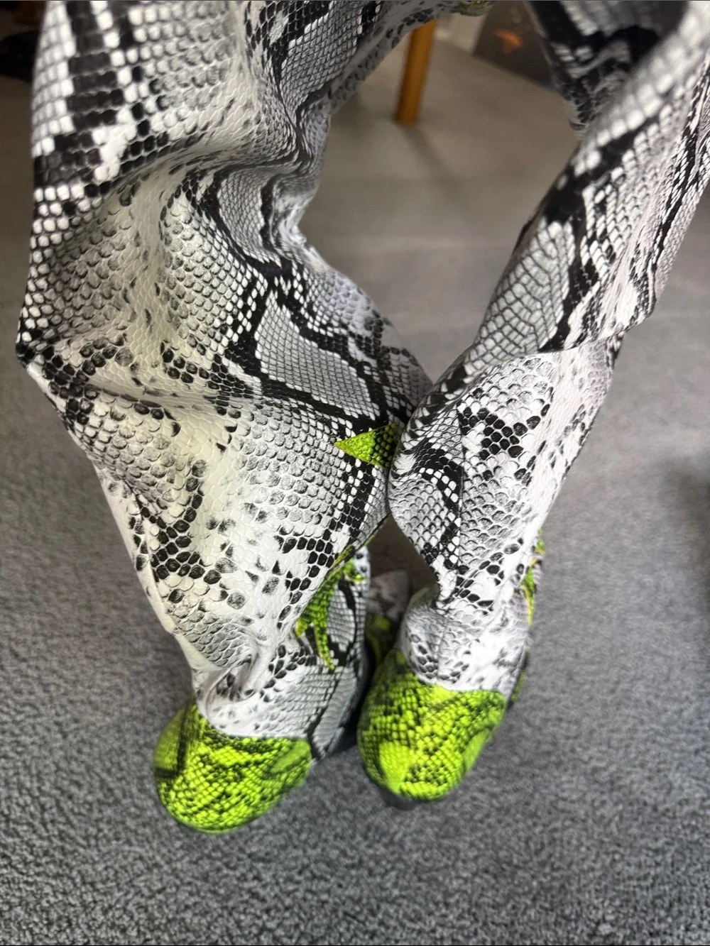 Slouch thigh high cowboy boots, white lime snake. 3.5” stacked Heel. Size 7.5